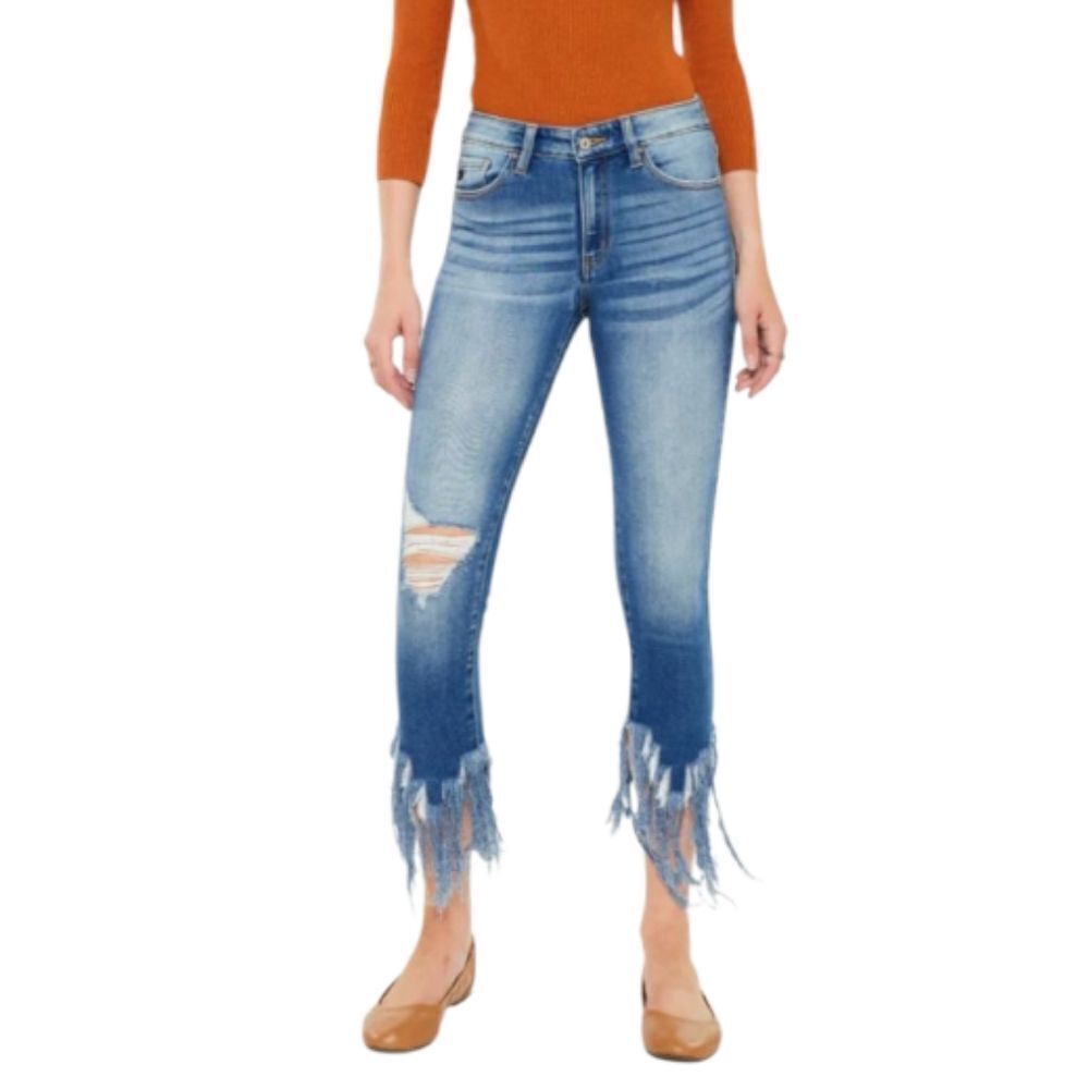 Kancan Leslie Mid Rise Ankle Skinny Jeans Distressed Frayed Hem